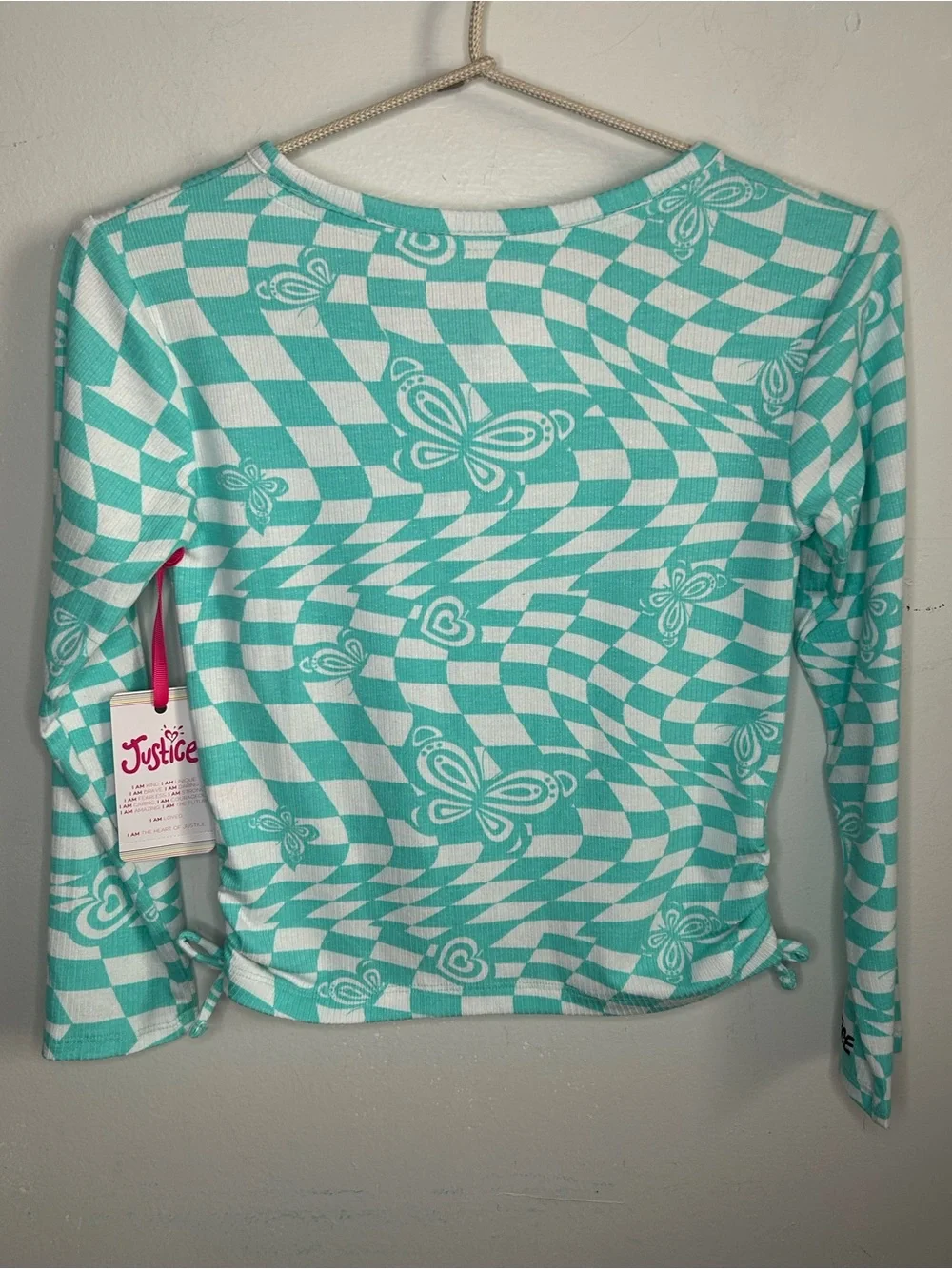 Justice Girls Turquoise Checkerboard Heart Long Sleeve Side-Cinch Button Up Top